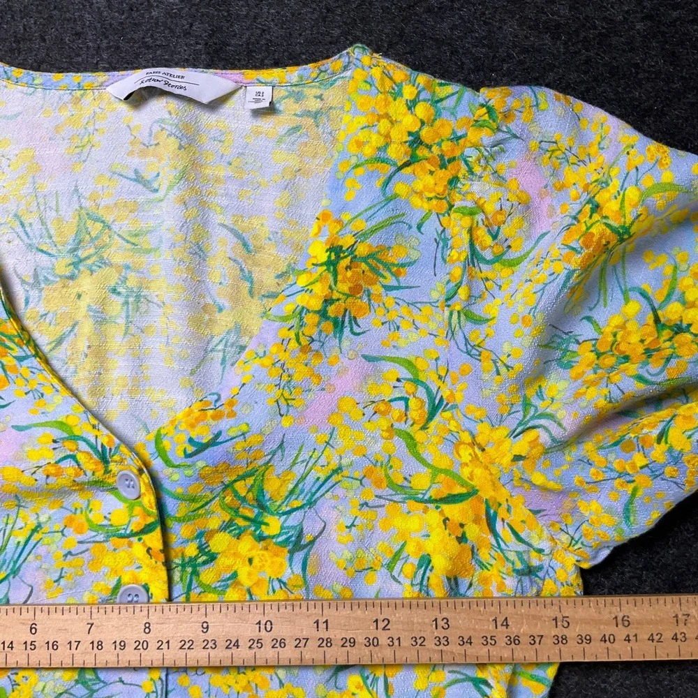 & Other Stories Midi Dress Womens 2 Blue Yellow Floral Boho Classic V-Neck